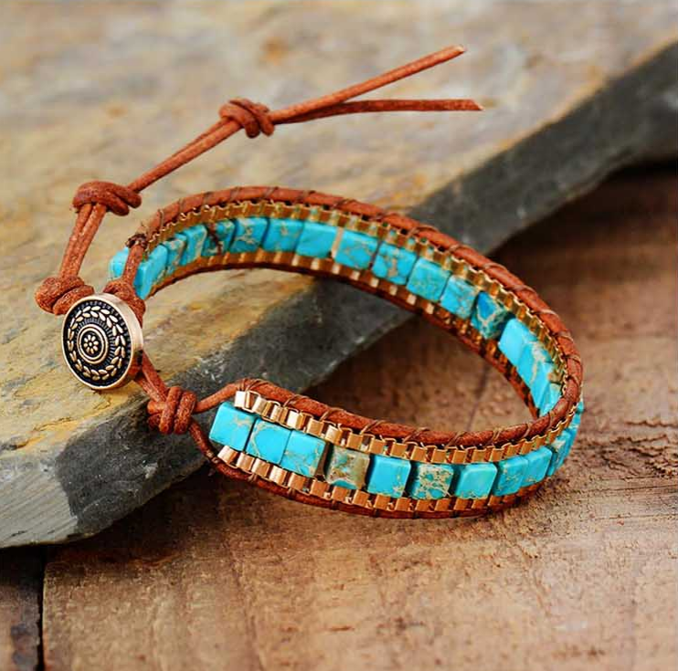 Turquoise Leather Boho Bracelet (Medium)
