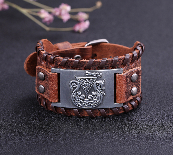 Viking Dragon Ship Leather Bracelet (Brown)