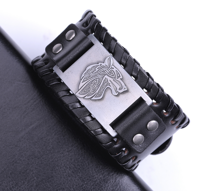 Nordic Wolf Leather Bracelet (Black or Brown)
