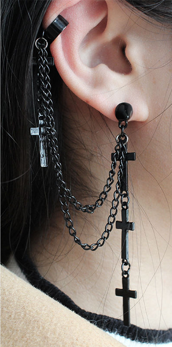 Punk Gothic Cross Exaggerated Metal Chain Drop Dangle Earrings