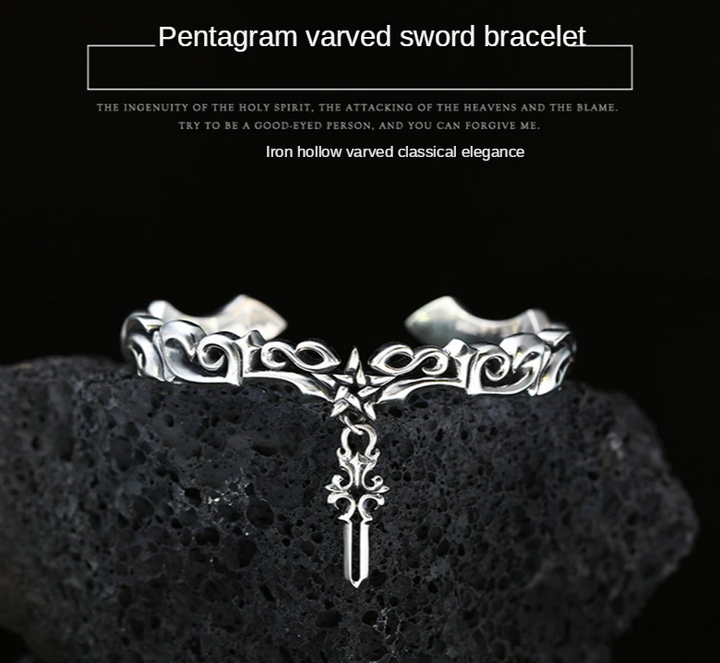 925 Vintage Thai Silver Men's Bracelet, Pentagram & Cross Sword