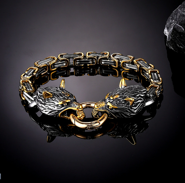 Dual Wolf Head Bracelet Mix Gold Cross Norse Amulet Pendant