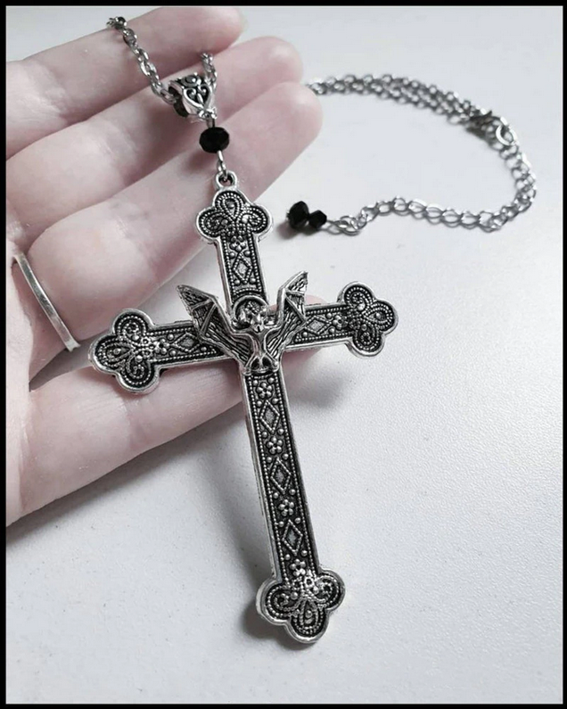 Gothic Antique Silver Filigree Vampire Bat Cross Necklace