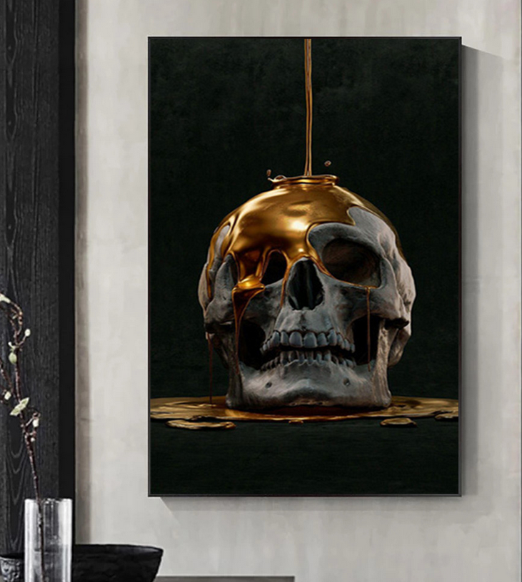Abstract Metal Skull Canvas - Golden Poster Wall Art - No Frame