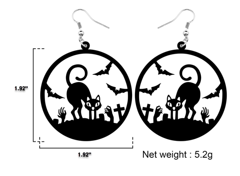 Acrylic Round Hollow Black Cat Bat Zombie Hand Cross Earrings