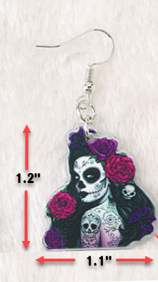 Acrylic Day of Dead Rose Skull Woman Earrings