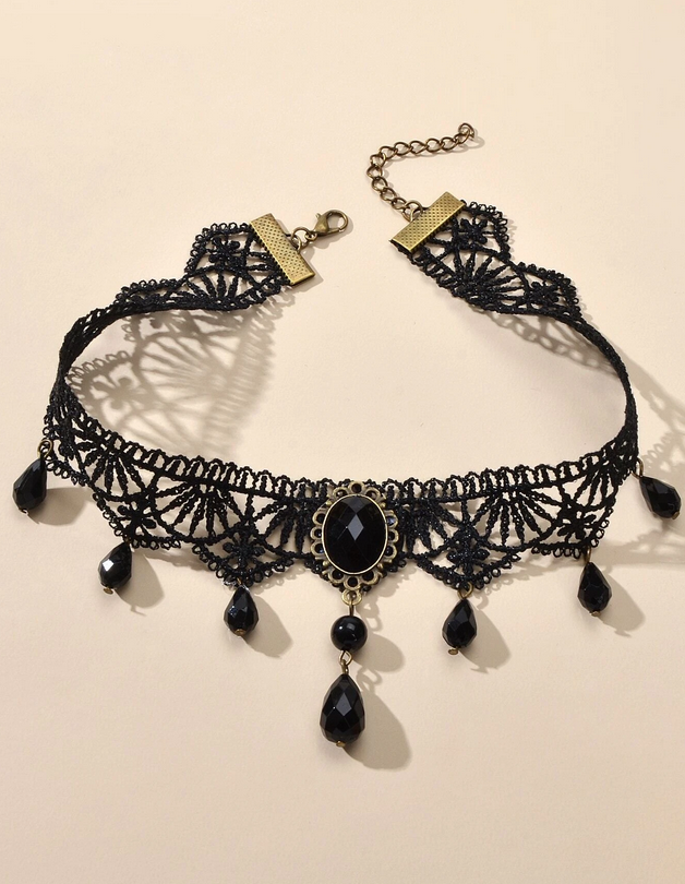 Black Lace Center Stone Choker Necklace