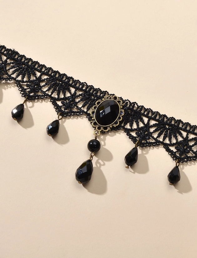 Black Lace Center Stone Choker Necklace