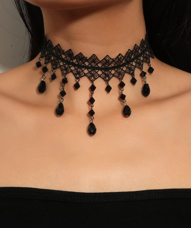 Black Lace Wide Band Drop Choker Necklace