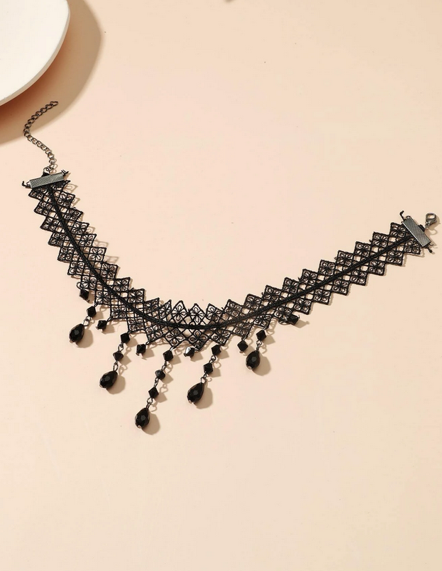 Black Lace Wide Band Drop Choker Necklace