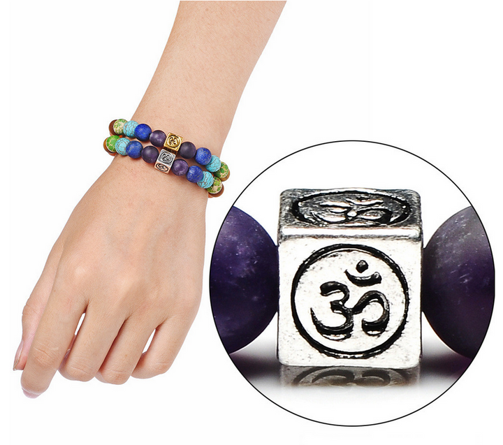 Chakra Natural Stone Bracelet W/ Sacred Om and Tree Of Life Symbols (2 styles)