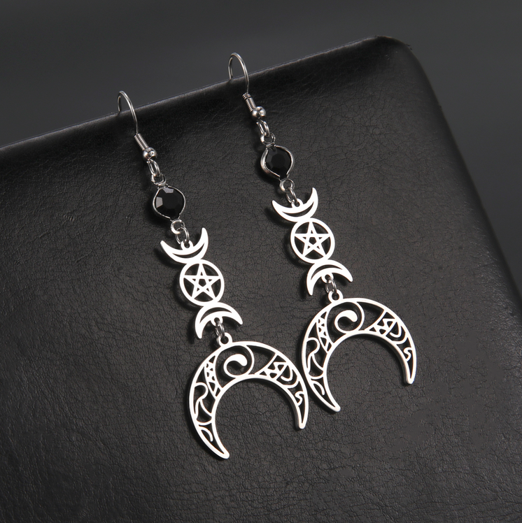 Wicca Triple Moon Pentagram Celtic Crescent Drop Earrings