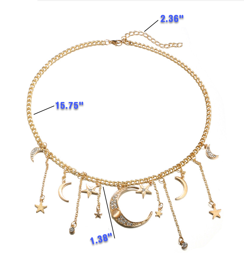 Vintage Bohemian Tassel Crystal Moon Stars Necklace