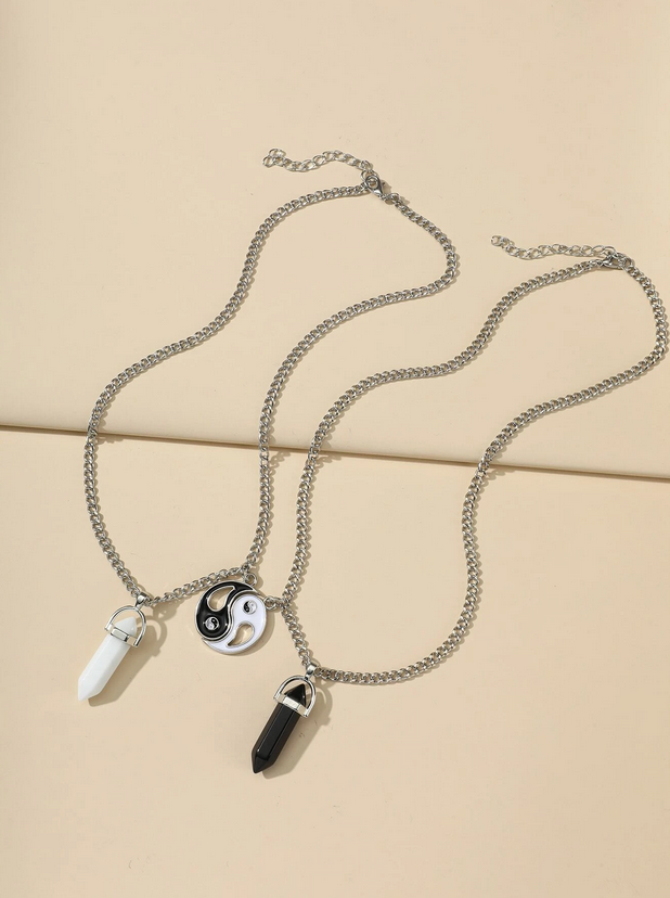 Yin & Yang Natural Stone Charm Necklace Set of two