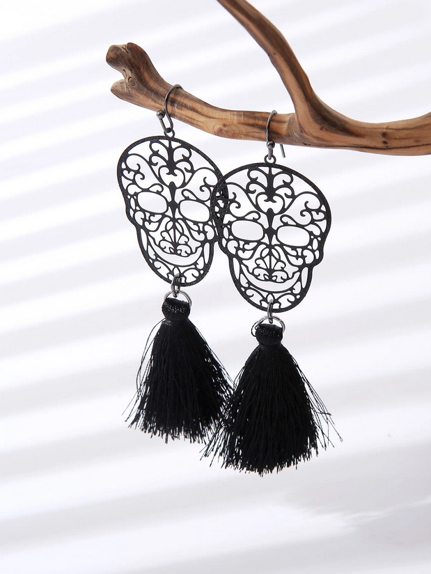 Copper Cutout Skull Tassel Earrings