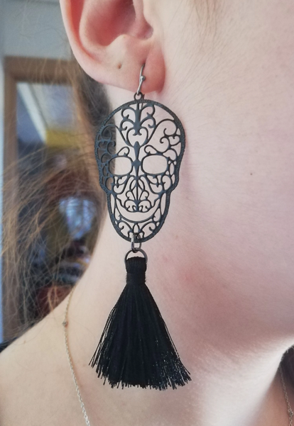 Copper Cutout Skull Tassel Earrings