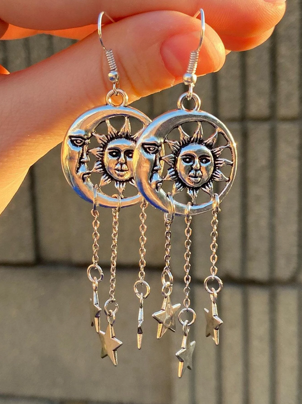Witchy Goth Sun, Moon and Dangle Stars Earrings