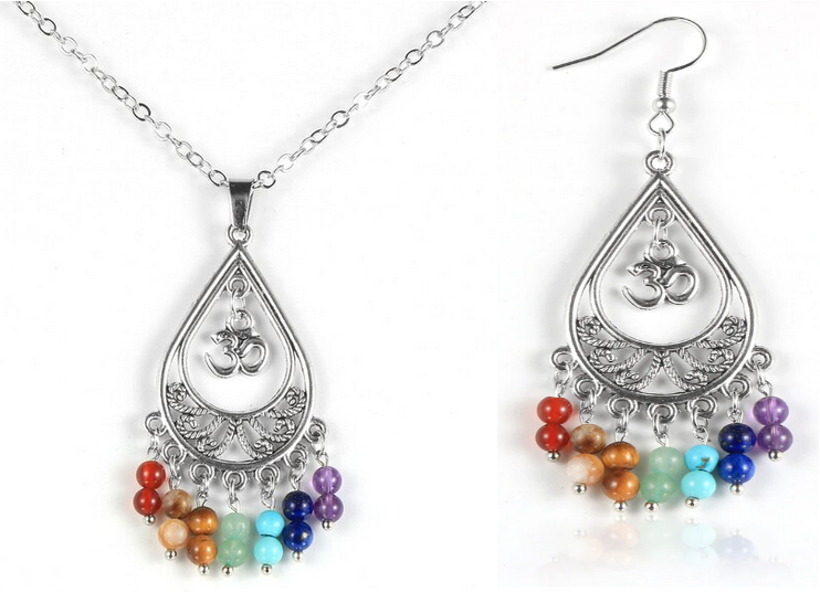 7 Chakra Natural Stone OM Symbol Earring Necklace Set