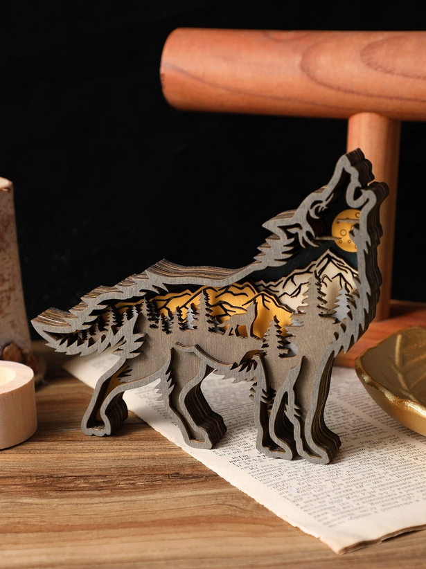Handmade Layered Wood Scenic Wolf