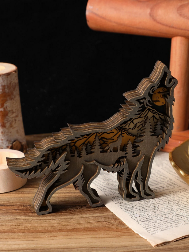 Handmade Layered Wood Scenic Wolf