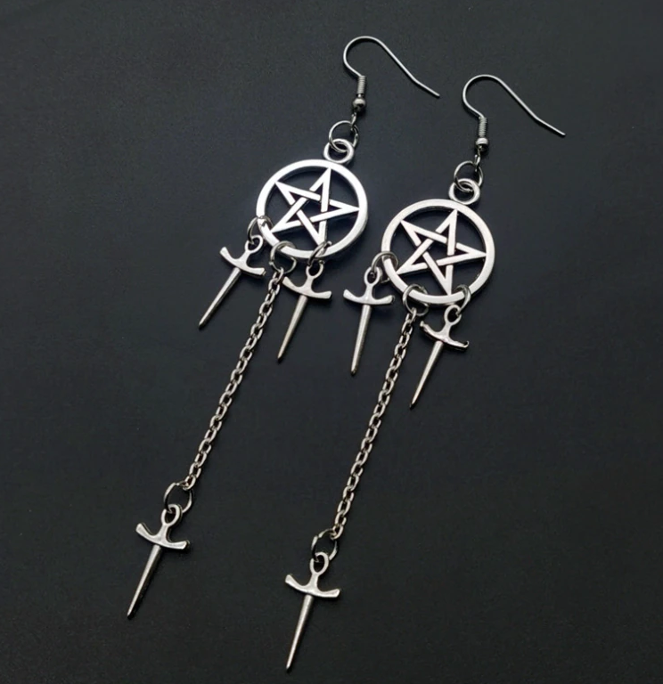 Witch Pentagram Sword Dangle Earrings