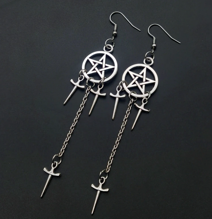 Witch Pentagram Sword Dangle Earrings