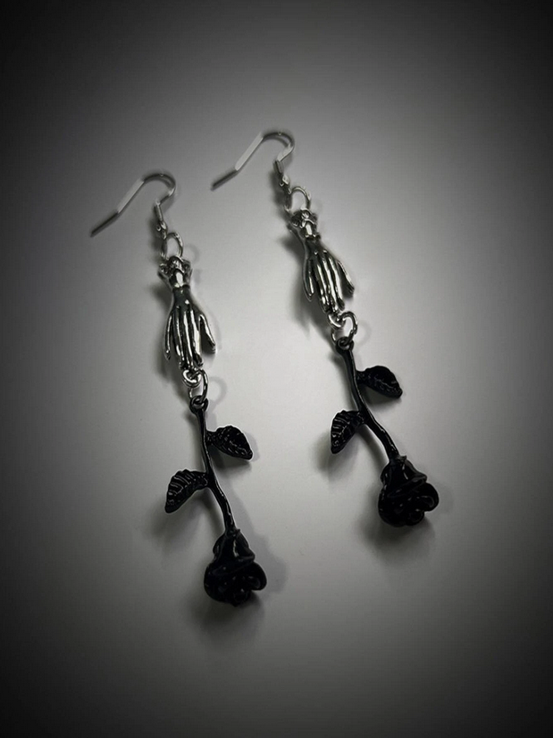 Goth Hand With Black Rose Earrings