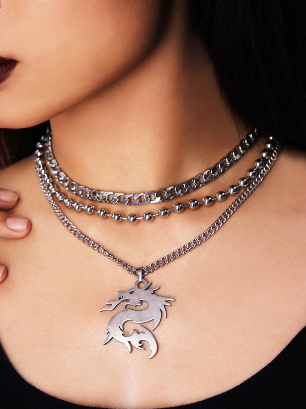 3 Pcs Chain Goth Dragon Necklace