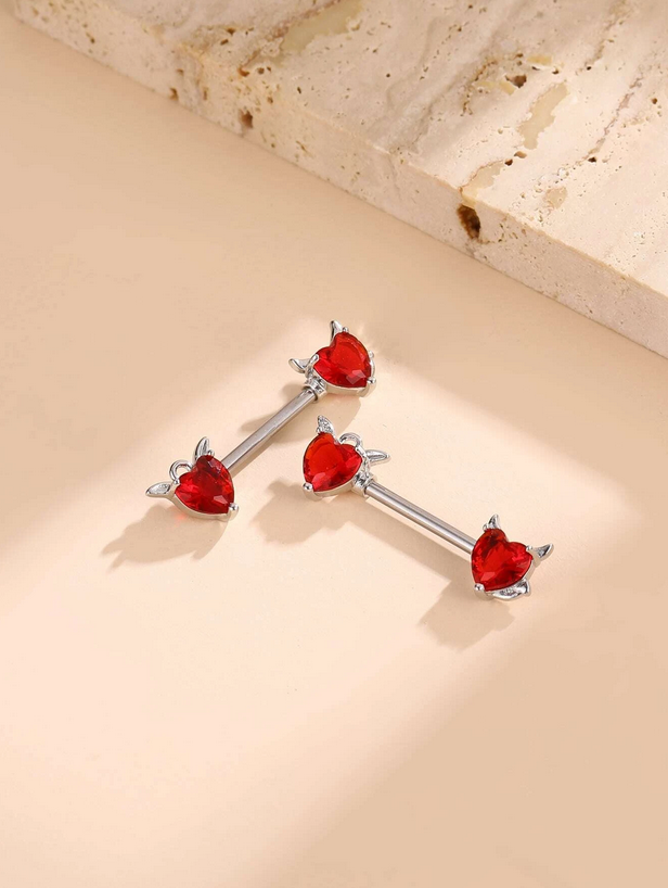 Devilish Red Heart Nipple Bar (Set of 2) With Tail