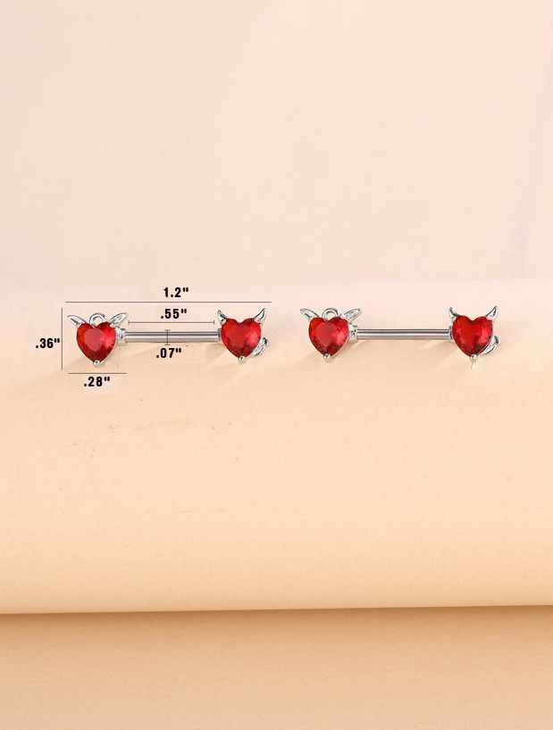 Devilish Red Heart Nipple Bar (Set of 2) With Tail