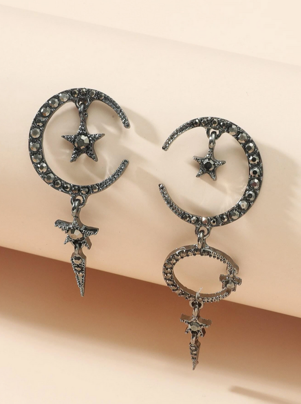 Crescent Moon Star Studded Dangle Earrings