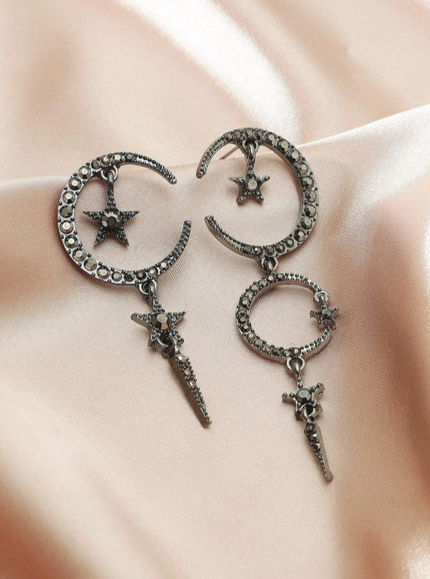 Crescent Moon Star Studded Dangle Earrings