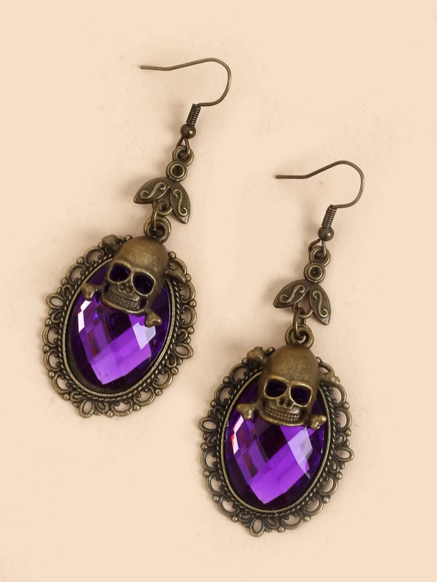 Purple Faux Antique Skull Dangle Earrings