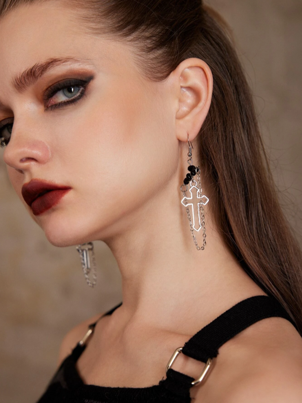 Goth Cross Earrings With Chain