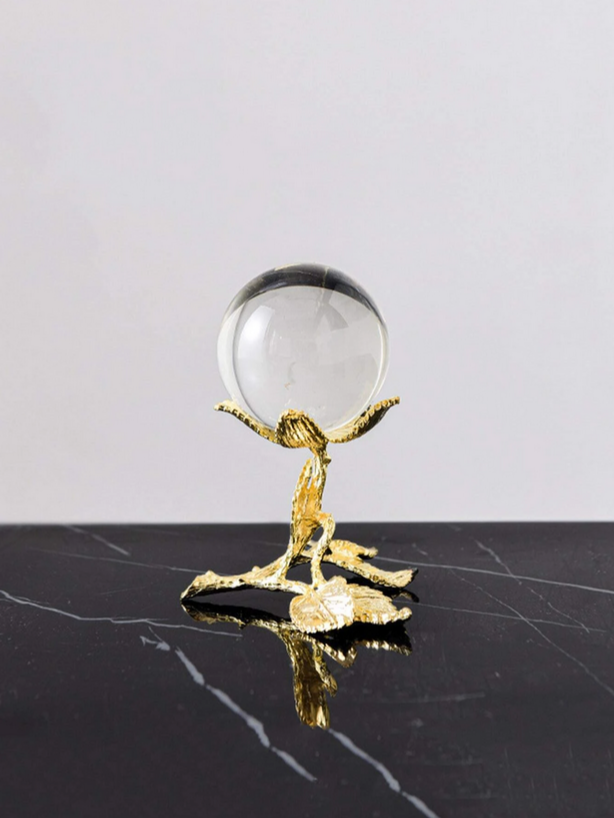 100% Natural Clear Crystal Ball W/ Gold Leaf Stand