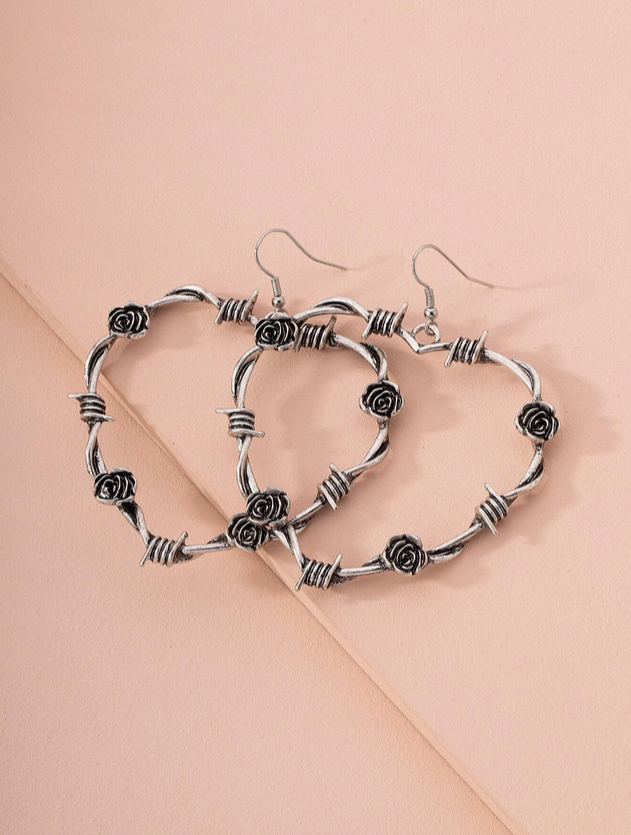 Heart Shaped Barb Wire Rose Earrings (Silver)
