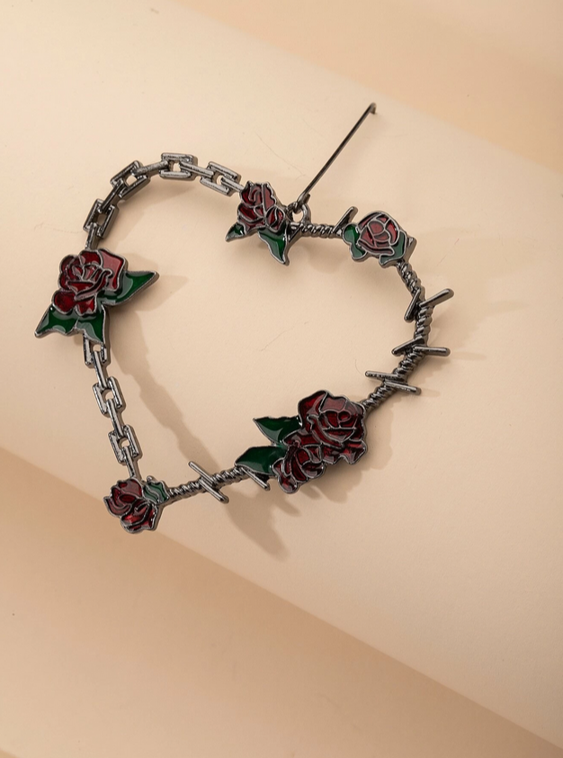 Heart Shaped Barb Wire Rose Earrings (Black)
