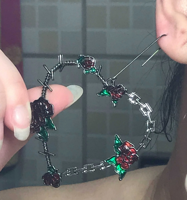 Heart Shaped Barb Wire Rose Earrings (Black)