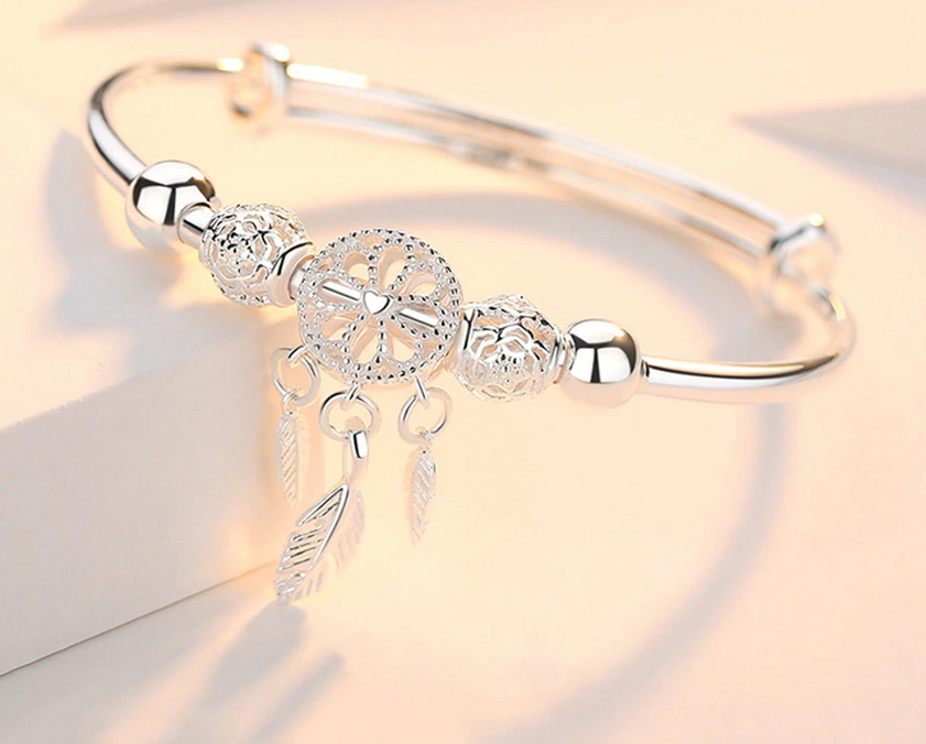 Dreamcatcher Tassel Feather Lucky Bead Bangle - Sterling Silver