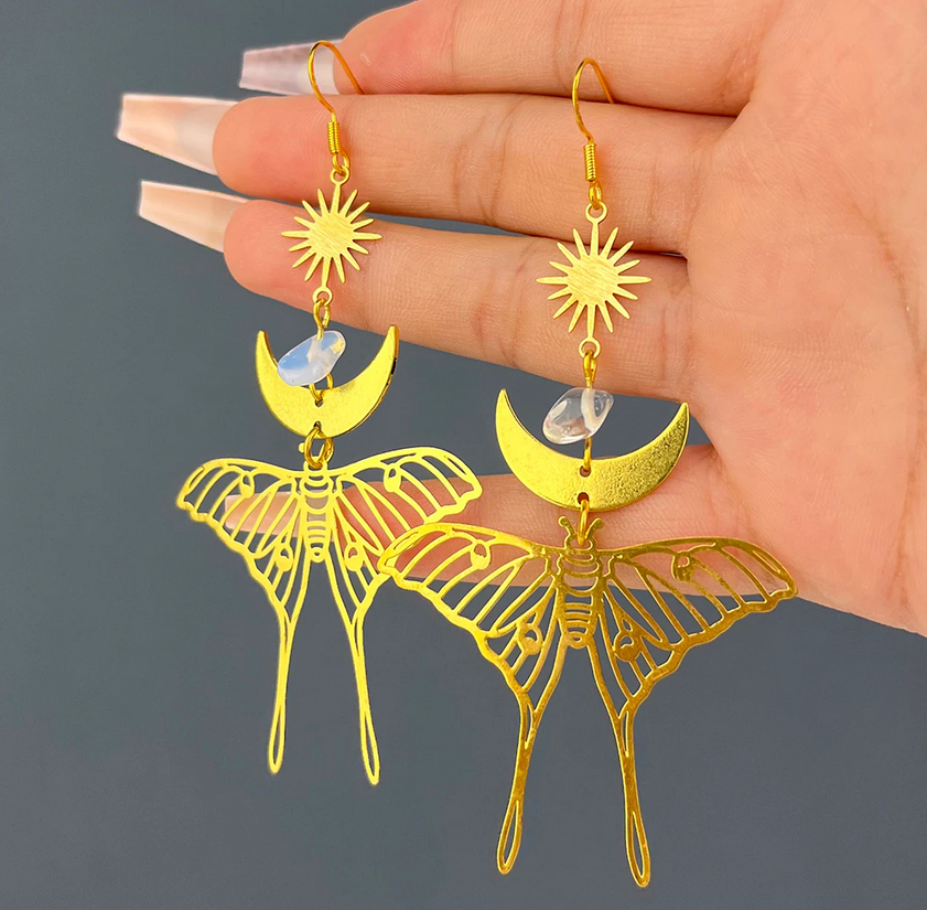 Wiccan Moth Drop Earrings With Clear Crystal