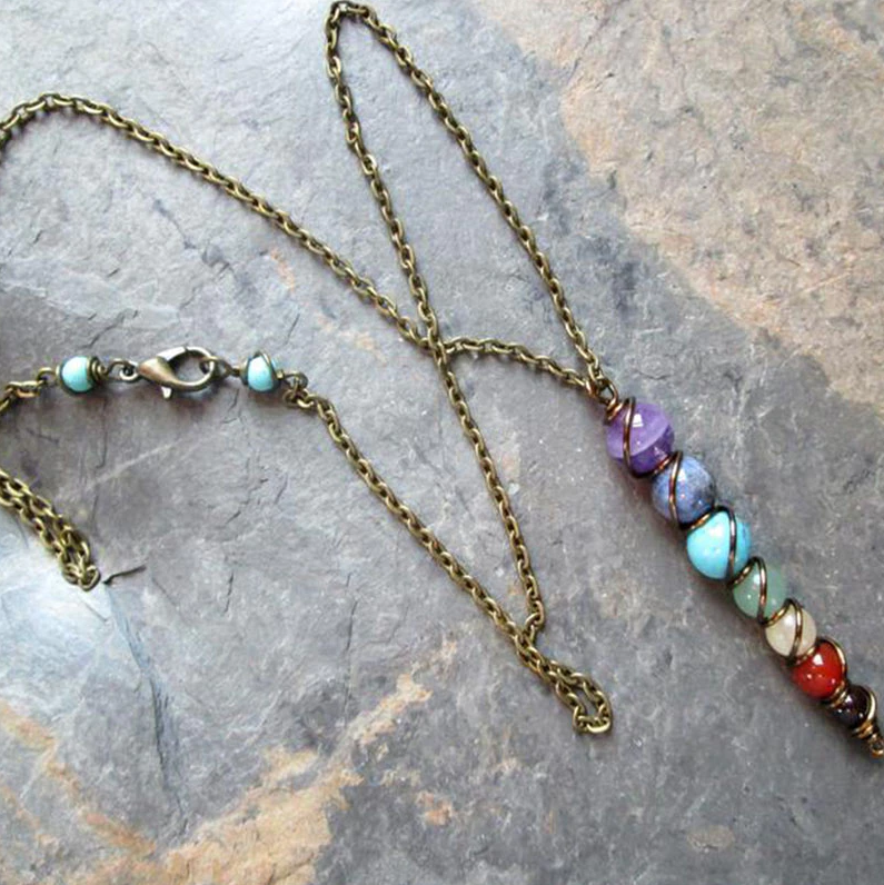 7 Chakra Natural Gemstone Wire Wrapped Necklace