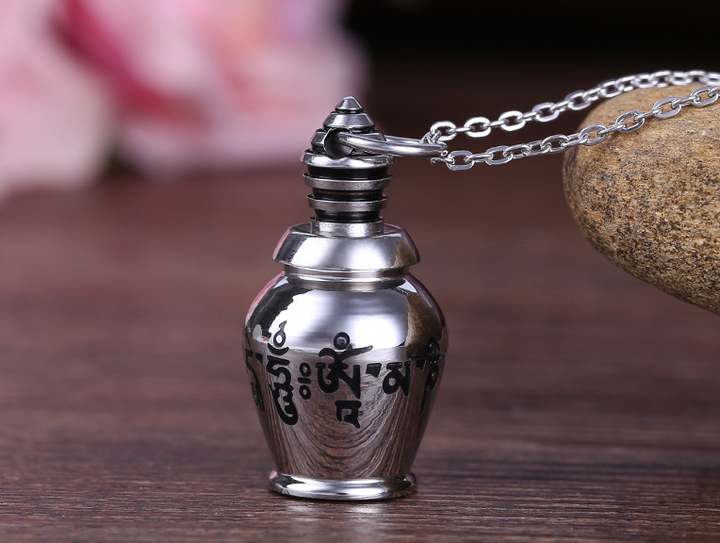 Miniature Tibetan Six Character Mantra Urn Necklace