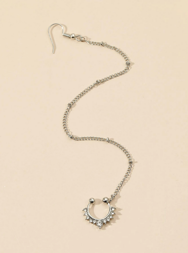Rhinestone Nose to Ear Ring with Chain
