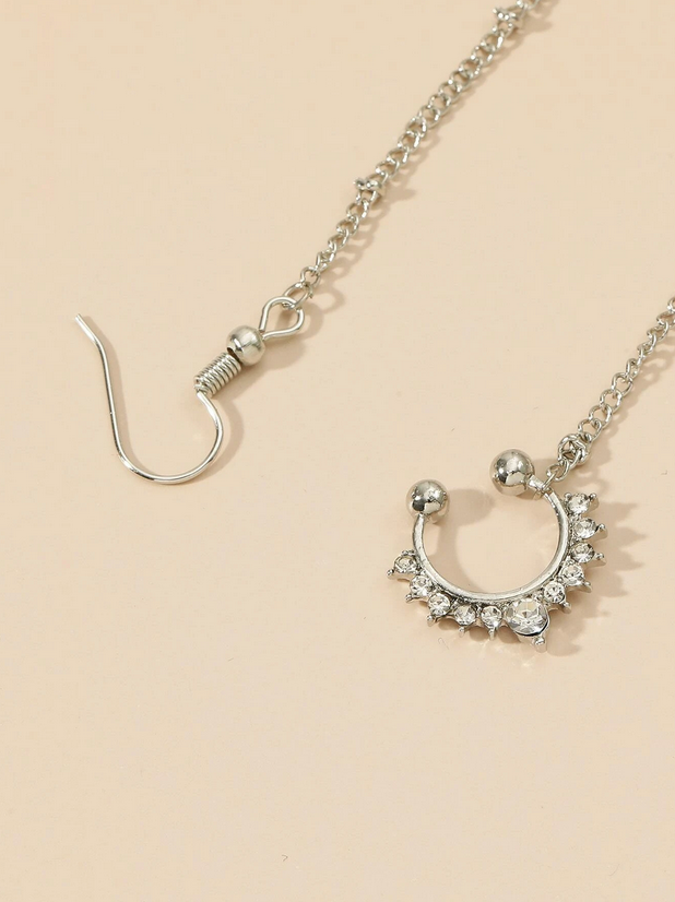 Rhinestone Nose to Ear Ring with Chain