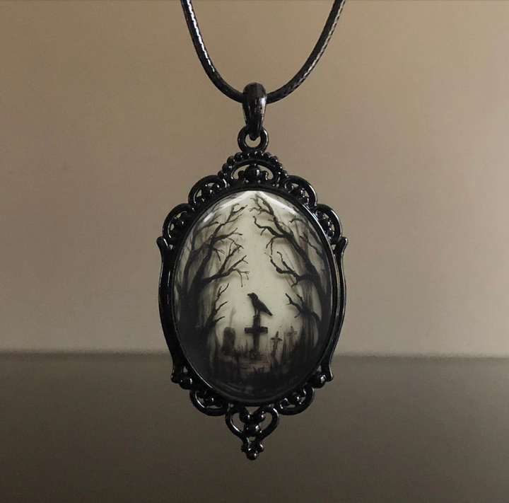Vintage Graveyard Raven On Cross Necklace