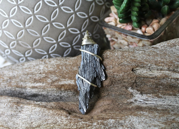 Powerful Natural Black Kyanite Wire Wrapped Necklace