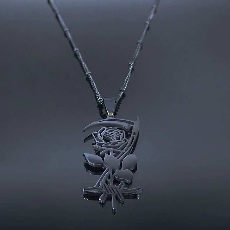 Gothic Black Sickle and Rose Necklace