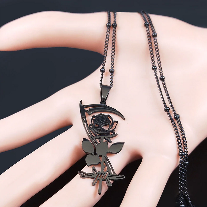Gothic Black Sickle and Rose Necklace