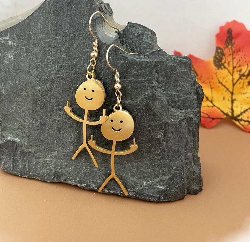 Stainless Steel Stickman W/ Middle Finger Earrings (Gold or Silver)