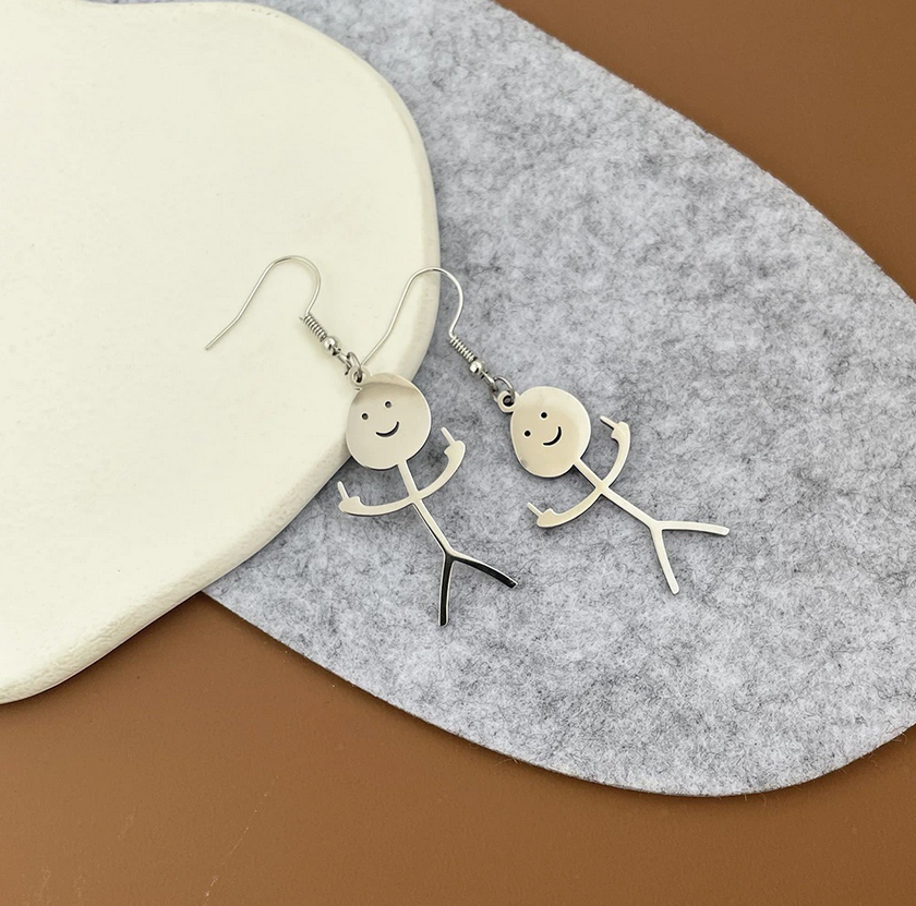 Stainless Steel Stickman W/ Middle Finger Earrings (Gold or Silver)